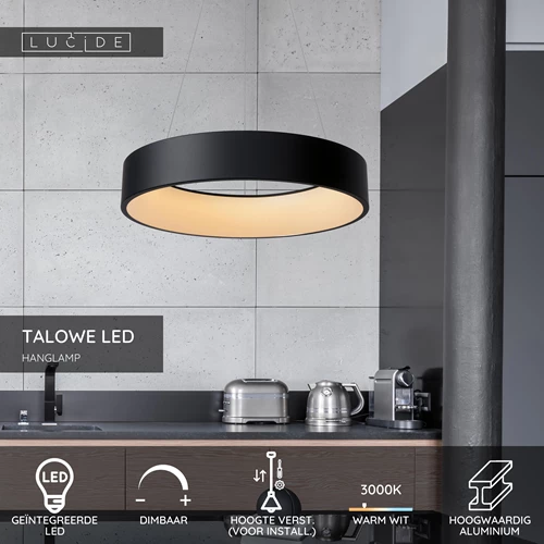 Lucide TALOWE LED - Hanglamp - Ø 60 cm - LED Dimb. - 1x39W 3000K - Zwart - USP